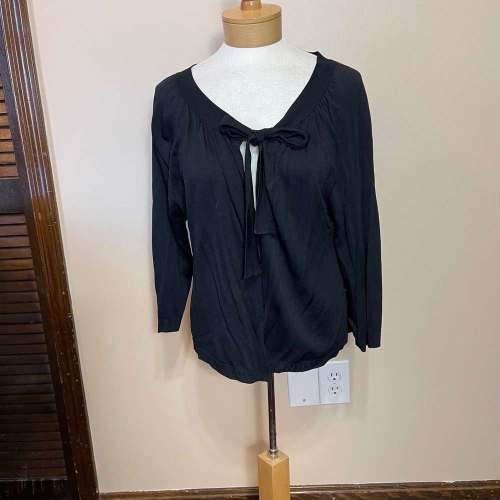 NWT Kim Rogers Womens Black Bow Tie Neck 3/4โ Sleeve Knit Top Size L